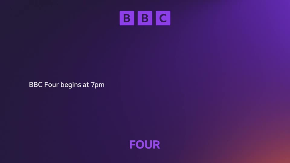The BBC logo appears in purple squares at the top. Text on the screen reads "BBC Four begins at 7pm" and "FOUR."