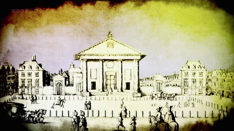 A horse-drawn carriage rolls past a grand neoclassical building, its wheels kicking up dust on the cobblestones. People in period dress stroll through the square, some on horseback, under a sky tinged with the yellow of a BBC Four documentary.