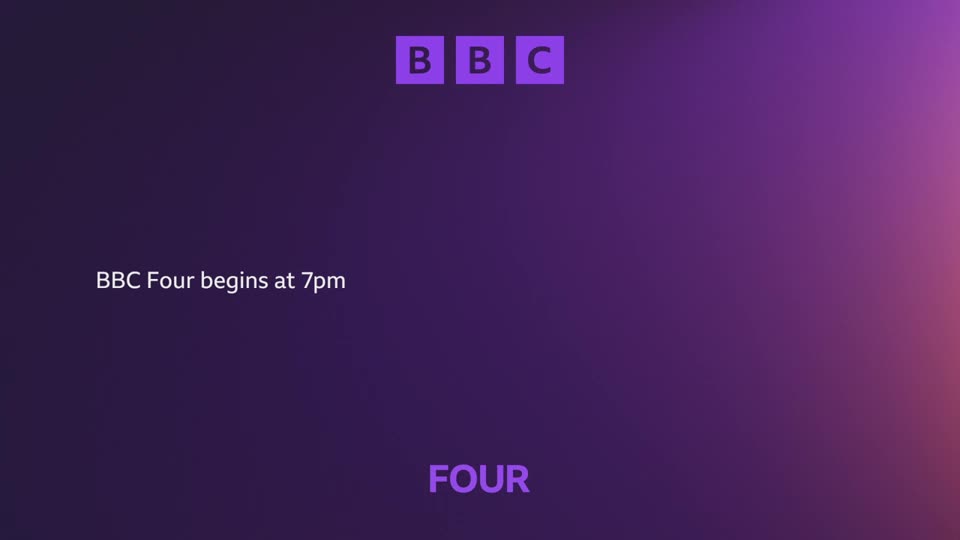 The BBC logo appears in purple squares at the top. Text on the screen reads "BBC Four begins at 7pm" and "FOUR" in a larger font.