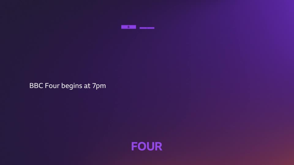 The screen displays "BBC Four begins at 7pm" in white text.  Below that, the word "FOUR" appears in large, purple lettering.