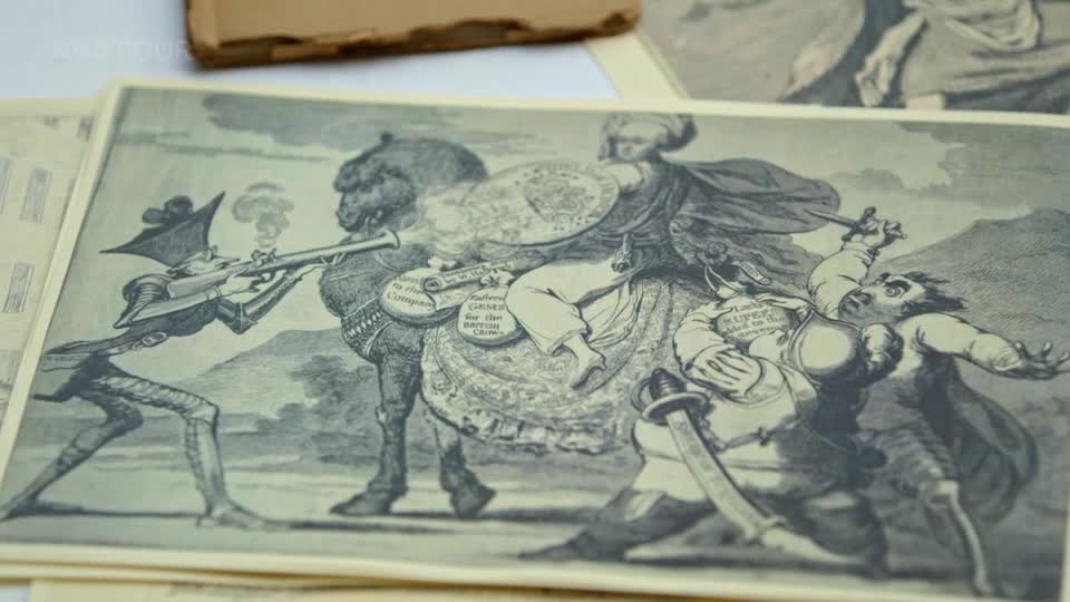 A figure on horseback, draped in fabric, is being attacked by two men with swords. Another figure, dressed in armor, aims a long pipe at the horse. This scene, likely a historical print, is being examined as part of a BBC Four program.
