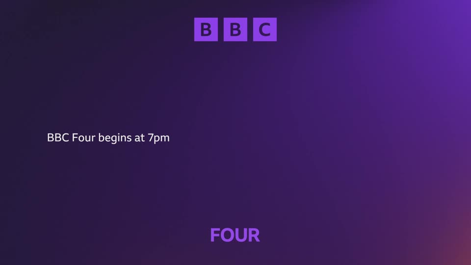 The BBC logo, three purple squares with white letters, sits at the top. Below it, the words "BBC Four begins at 7pm" appear in white text.