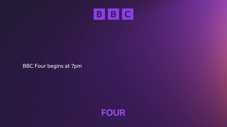 The BBC logo appears in purple squares at the top.  Text on the left reads "BBC Four begins at 7pm."