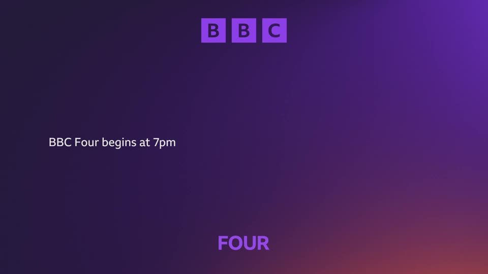 The BBC logo appears in purple squares at the top.  Text announces "BBC Four begins at 7pm" on the left, with "FOUR" in larger letters at the bottom.