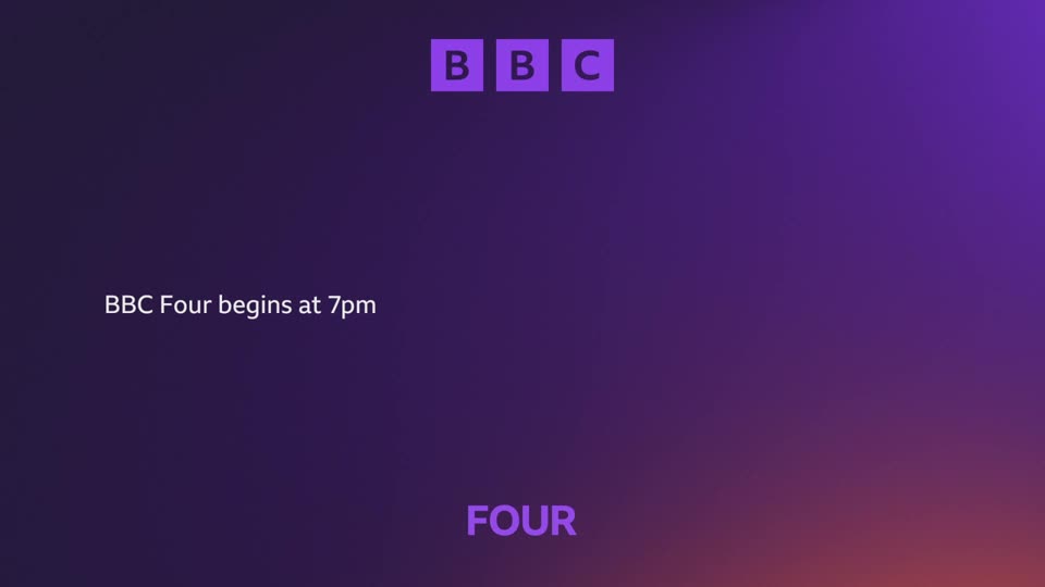 The BBC logo appears in purple boxes at the top.  Text stating "BBC Four begins at 7pm" floats on the left, and "FOUR" glows at the bottom right.