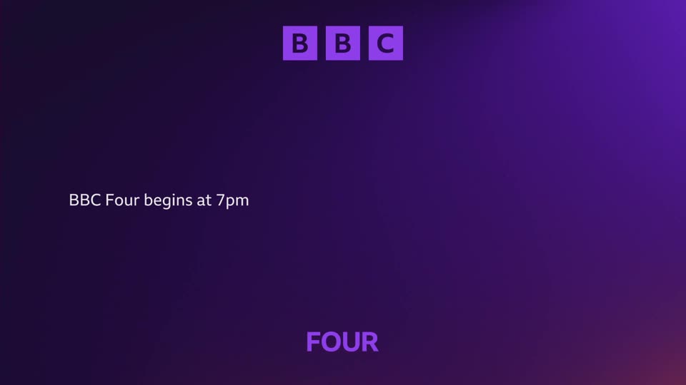 The BBC logo appears in purple squares at the top of the screen. Below, white text announces, "BBC Four begins at 7pm."
