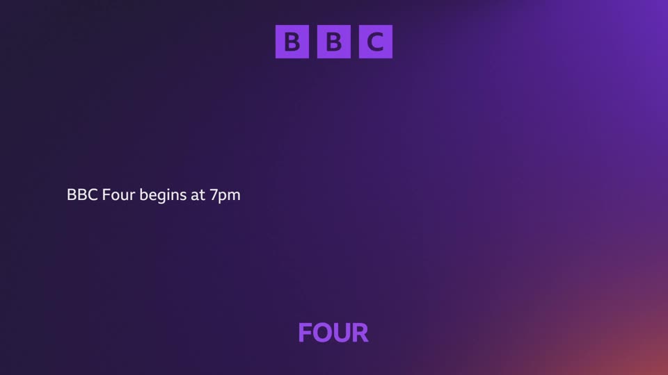 The BBC logo appears in purple squares at the top, with "BBC Four begins at 7pm" written below. "FOUR" is displayed in large purple letters at the bottom, against a gradient of deep purple to a lighter shade.