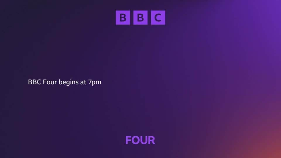 The BBC logo appears in purple squares at the top.  Text states "BBC Four begins at 7pm" to the left, and "FOUR" in large letters at the bottom.