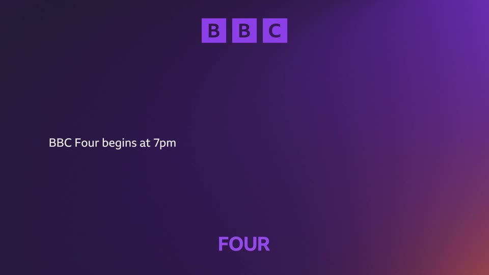 The BBC logo appears in purple squares at the top.  Text stating "BBC Four begins at 7pm" is on the left, with "FOUR" centered at the bottom.