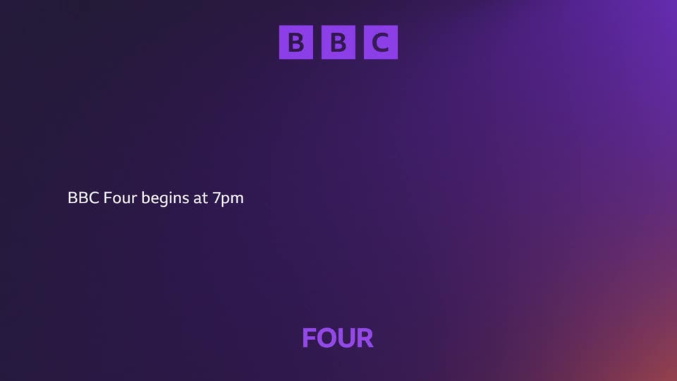 The BBC logo appears in purple squares at the top. Text on the screen announces, "BBC Four begins at 7pm."