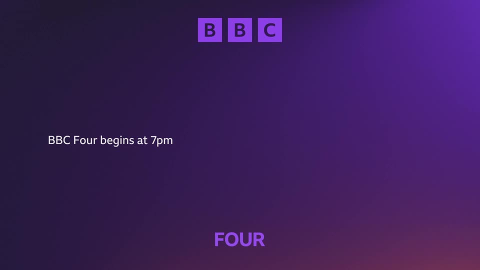 The BBC logo appears in purple squares at the top of the screen.  Text stating "BBC Four begins at 7pm" floats in the middle left, while "FOUR" solidifies at the bottom.
