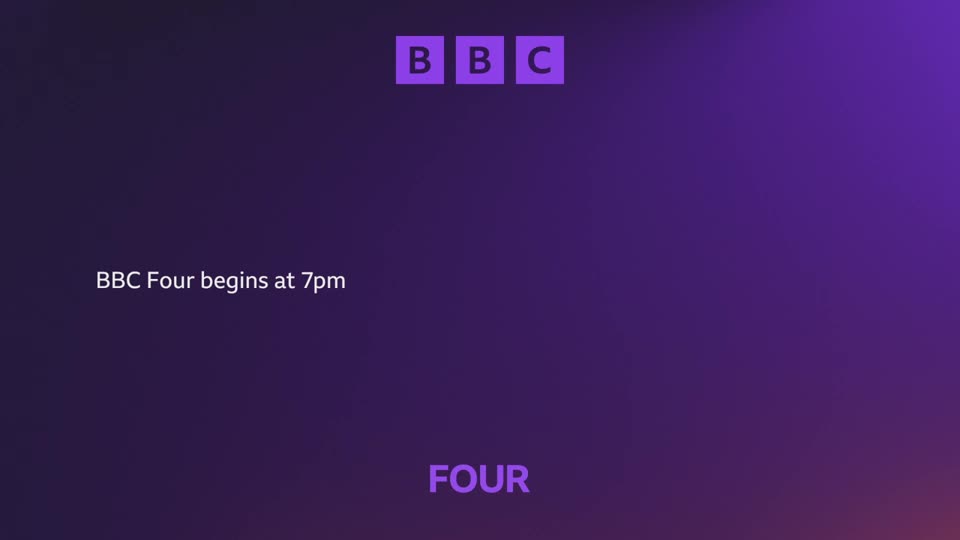 The BBC logo, three purple squares with white letters, appears at the top. Below it, white text reads "BBC Four begins at 7pm."
