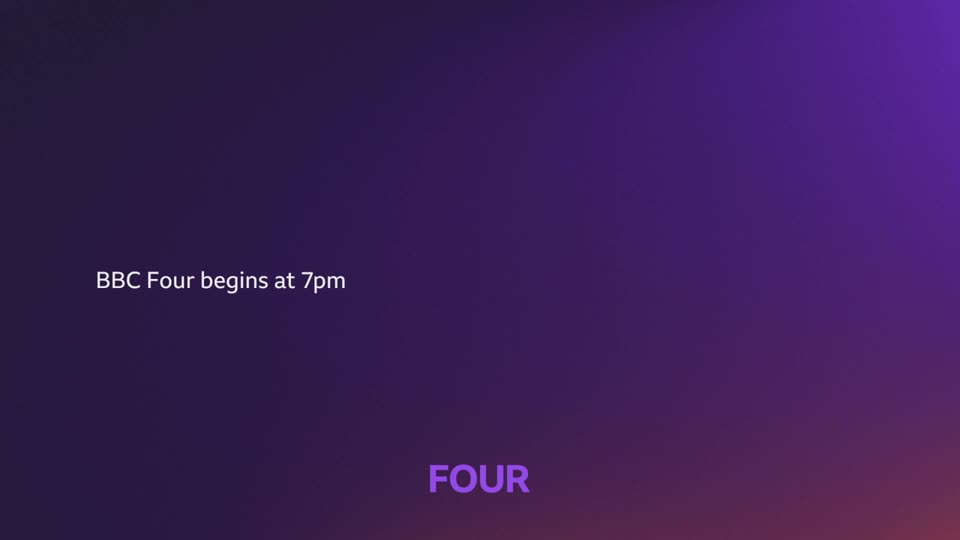 The screen is a deep purple, with white text that reads "BBC Four begins at 7pm." Near the bottom, the word "FOUR" appears in a lighter shade of purple.