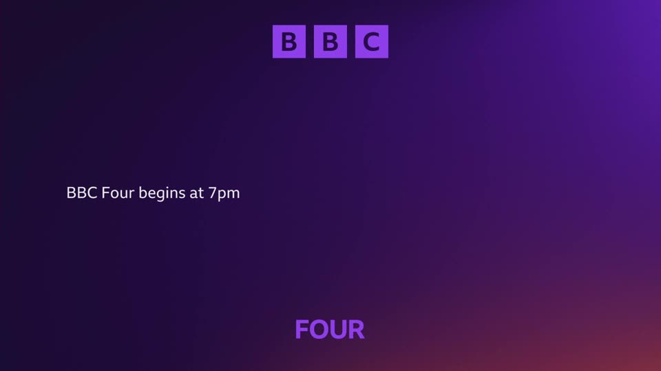 The BBC logo appears in purple squares at the top of the screen. Text below reads "BBC Four begins at 7pm" and the word "FOUR" in large purple letters.
