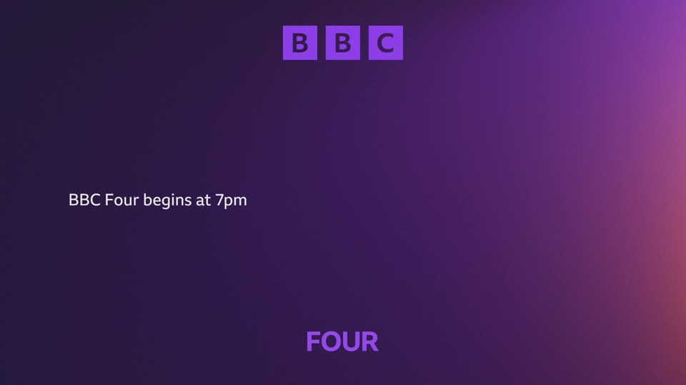 The BBC logo appears in purple squares at the top of the screen. Text states "BBC Four begins at 7pm" on the left, and "FOUR" in large purple letters at the bottom.