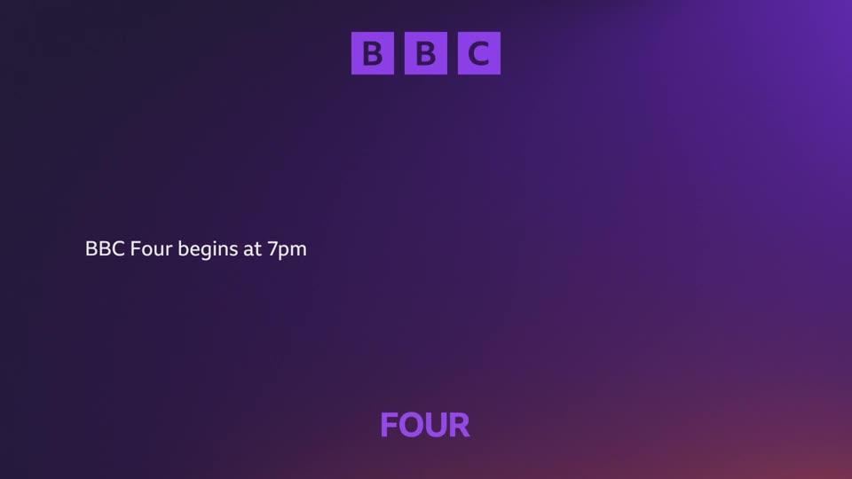 The BBC logo appears in purple squares at the top.  Text announces "BBC Four begins at 7pm" with "FOUR" displayed prominently below.
