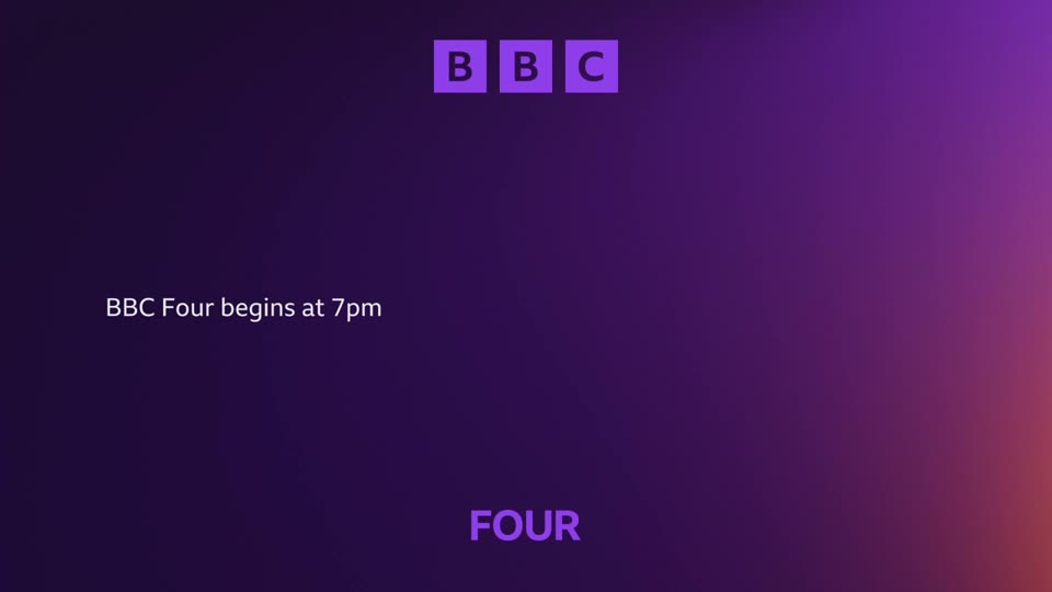 The BBC logo, three purple squares with white letters, hovers at the top. Below it, white text states "BBC Four begins at 7pm."