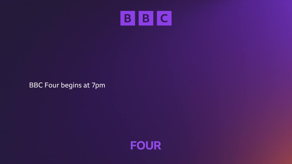 The BBC logo appears in purple squares at the top of the screen.  Text below reads "BBC Four begins at 7pm."