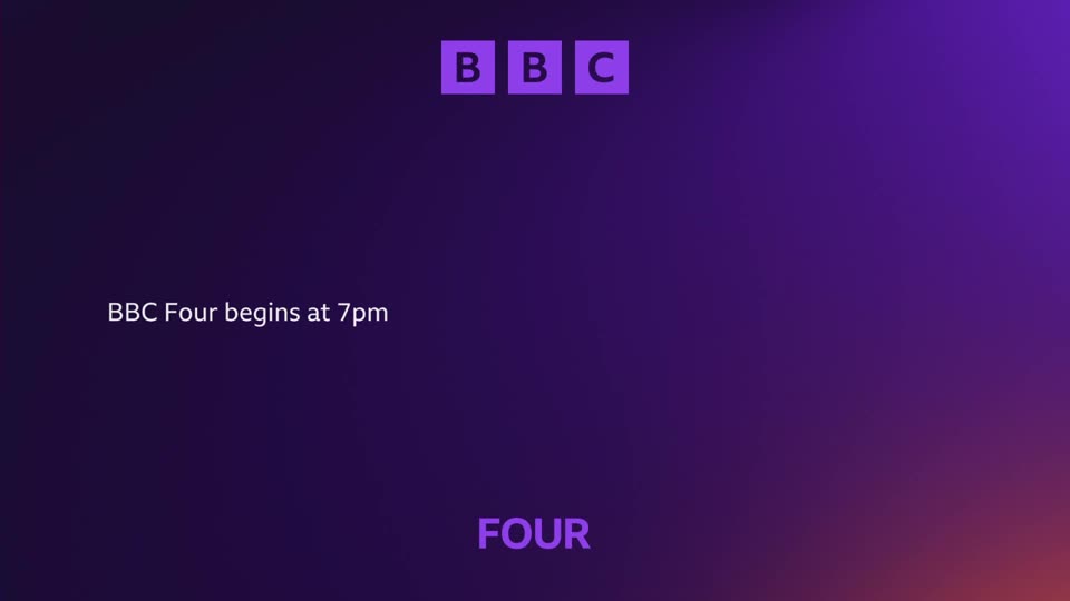 The BBC logo appears in purple squares at the top. Below it, white text announces "BBC Four begins at 7pm."