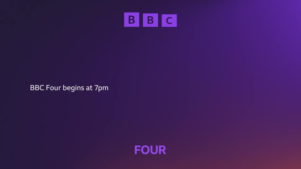 The BBC logo, three purple squares, appears at the top. Below it, white text reads "BBC Four begins at 7pm."