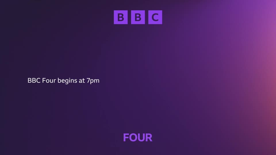 The BBC logo appears in purple squares at the top. Text on the left announces "BBC Four begins at 7pm."