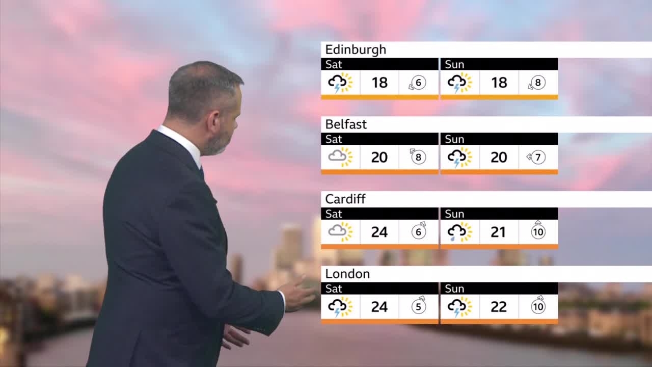 A man in a suit gestures toward a weather forecast for the United Kingdom, presented on BBC News. The screen shows temperatures and conditions for several cities, including London and Edinburgh.

