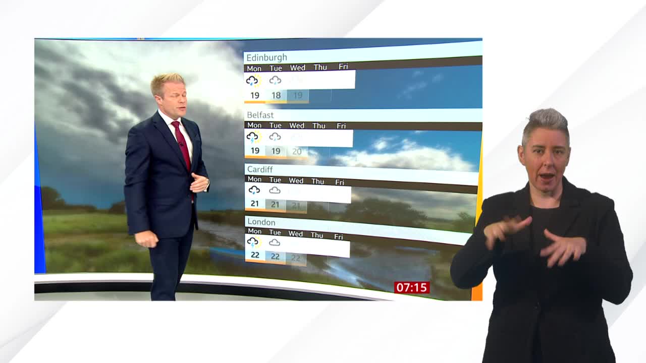A man in a suit gestures towards a weather forecast for the UK, while a woman on the right uses sign language. The BBC News graphic displays temperatures and cloud symbols for several cities.
