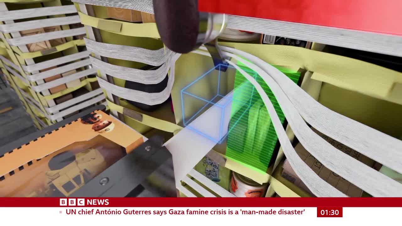 A digital interface hovers over a series of open drawers, highlighting a specific item. The BBC News ticker at the bottom reports on the Gaza famine crisis.

