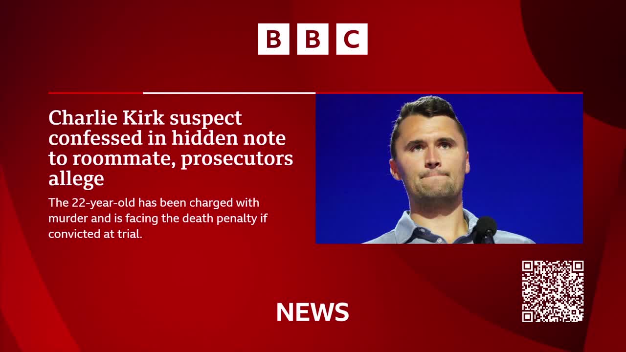 The BBC News graphic highlights a story about Charlie Kirk, a murder suspect, with a photo of a man looking down. Text details the confession and the potential death penalty.
