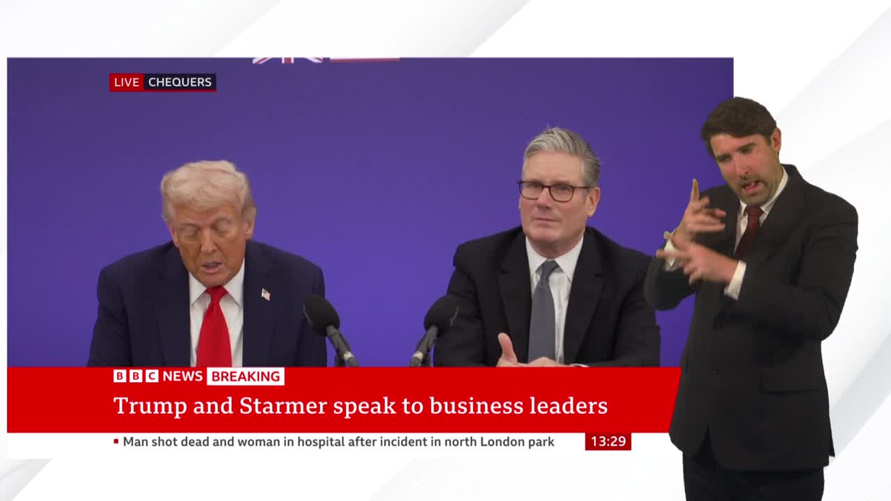 On the BBC News broadcast, Donald Trump, in a navy suit and red tie, appears to be speaking at a podium. A signer in a black suit is interpreting the news, gesturing with his hands.
