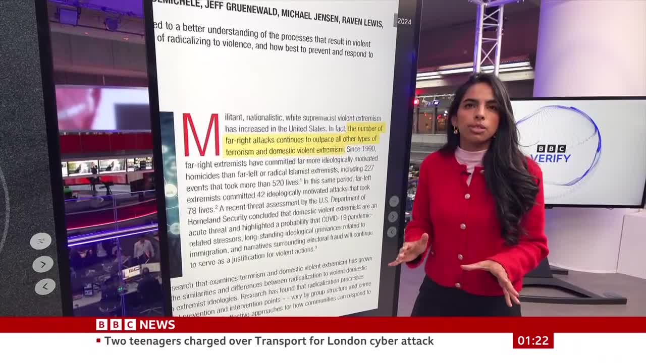 A woman in a red jacket gestures as she speaks, framed by a large screen displaying text. Behind her, another screen shows the BBC Verify logo and a news ticker runs across the bottom.
