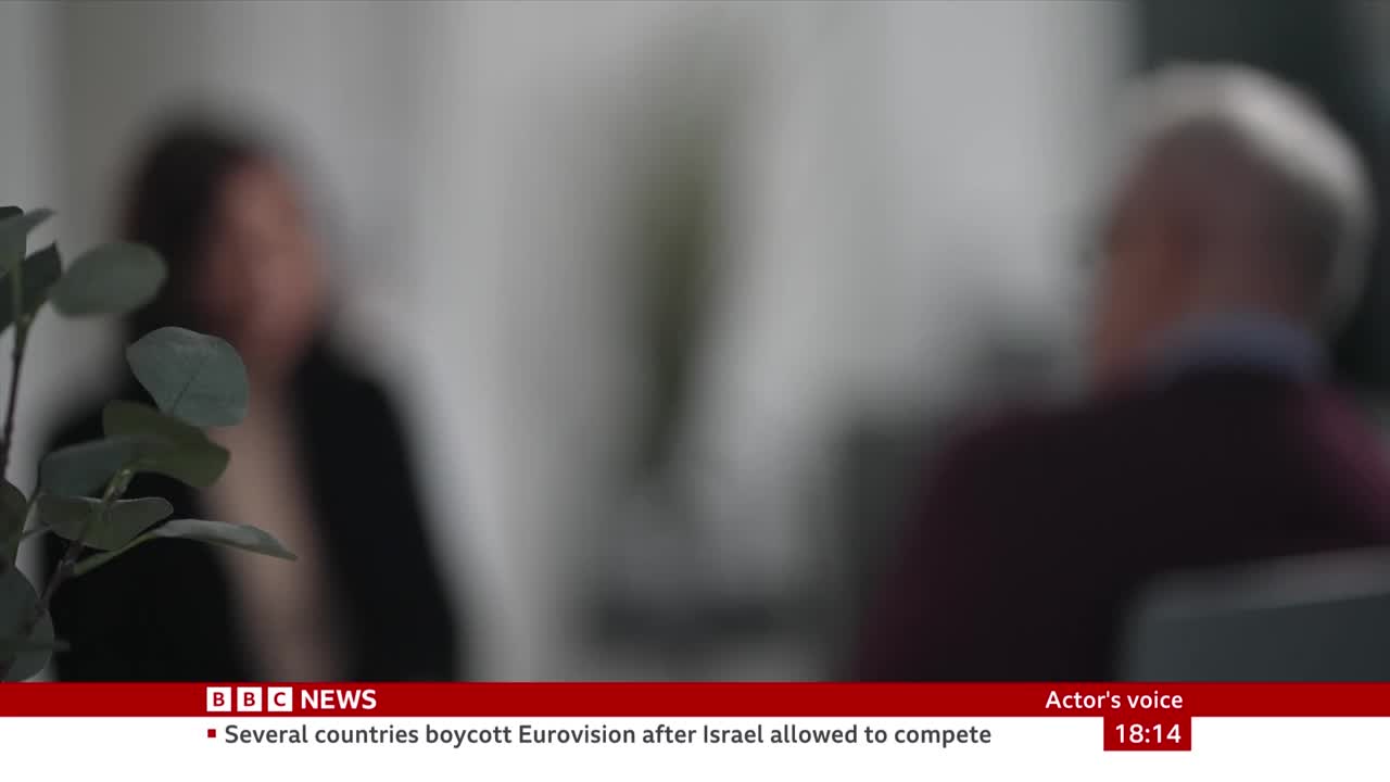 Two figures are seated, out of focus, likely in a BBC News interview. A sprig of greenery sits in the foreground, obscuring some of the view.
