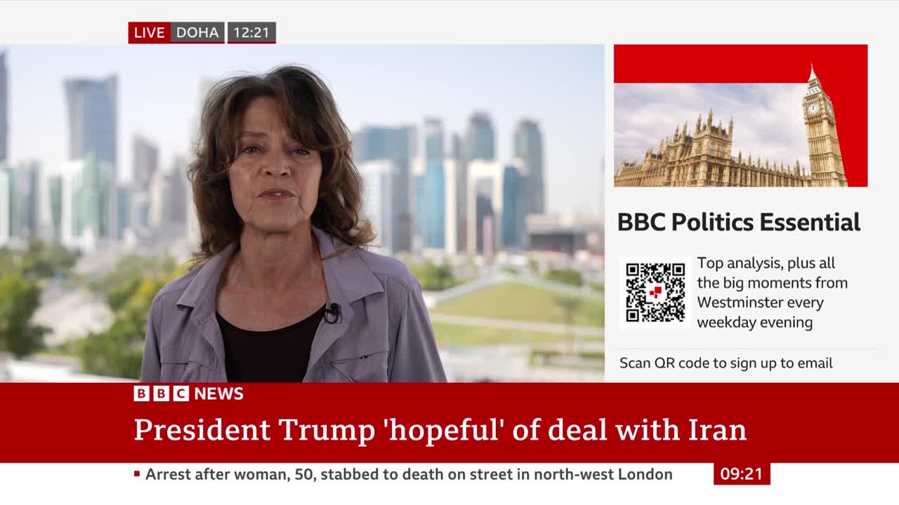 A woman speaks live from Doha, Qatar, with a cityscape behind her. On the right, a graphic displays Big Ben and the Houses of Parliament, promoting BBC Politics Essential.