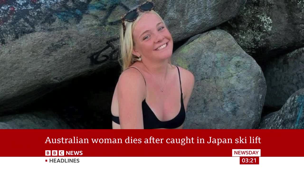 A young woman with blonde hair smiles broadly, wearing a black bikini top and sunglasses perched on her head. The BBC News headline below her states: "Australian woman dies after caught in Japan ski lift."