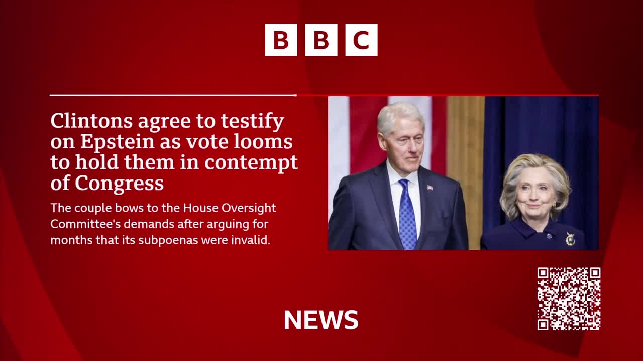 Bill Clinton, in a dark suit and blue tie, stands beside Hillary Clinton, who wears a navy jacket. The BBC News graphic states the Clintons will testify on Epstein.