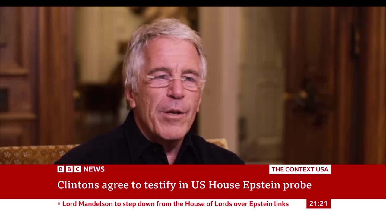 A man with grey hair and glasses speaks directly to the camera. Below him, a BBC News chyron reports that the Clintons will testify in a US House Epstein probe.