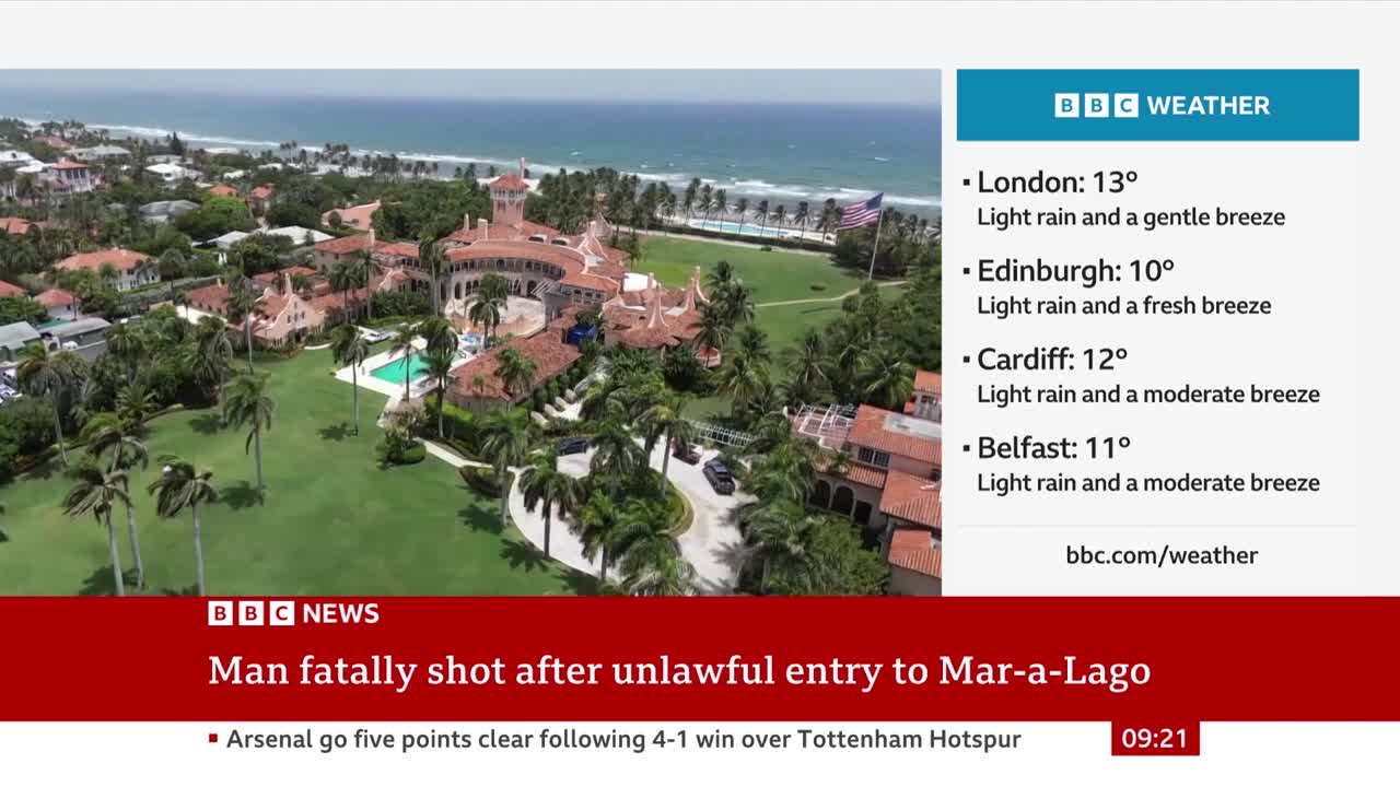 A large estate with a pool and manicured lawns sits near the ocean. BBC Weather reports light rain across London, Edinburgh, Cardiff, and Belfast. A large estate with a pool and manicured lawns sits near the ocean. BBC Weather reports light rain across London, Edinburgh, Cardiff, and Belfast.