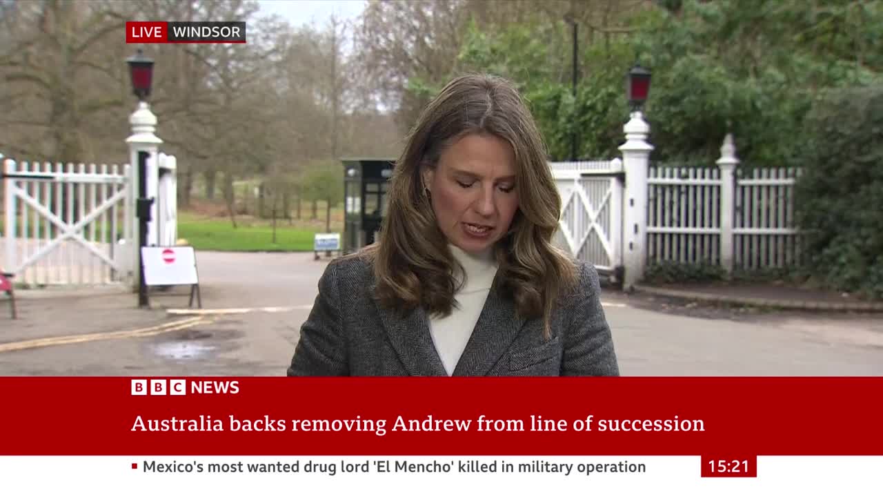 A woman stands reporting live from Windsor, England. The BBC News ticker below her reads "Australia backs removing Andrew from line of succession." A woman stands reporting live from Windsor, England. The BBC News ticker below her reads "Australia backs removing Andrew from line of succession."