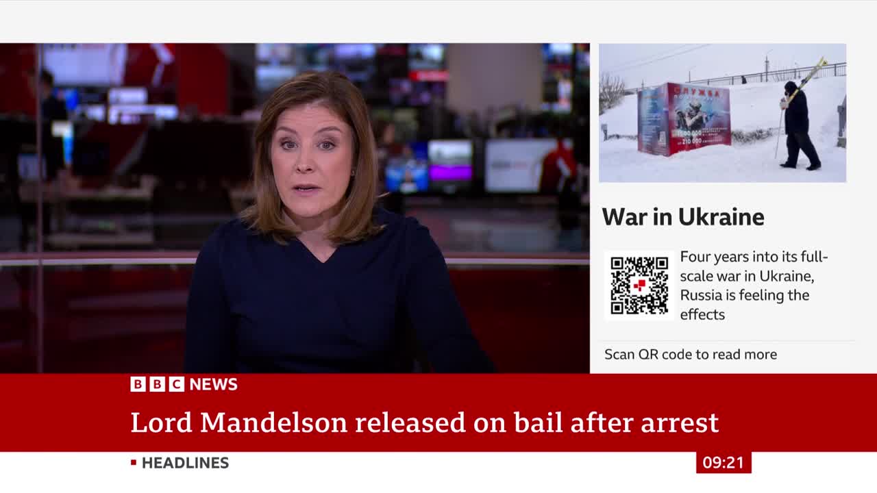 A BBC News anchor sits in a studio, reporting on the latest headlines. A graphic displays "War in Ukraine" with a QR code. A BBC News anchor sits in a studio, reporting on the latest headlines. A graphic displays "War in Ukraine" with a QR code.