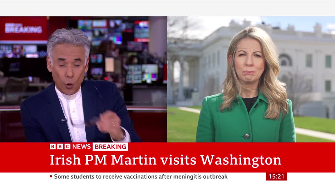The news anchor gestures emphatically while a reporter stands before the White House. A red banner across the bottom of the screen announces "Irish PM Martin visits Washington."