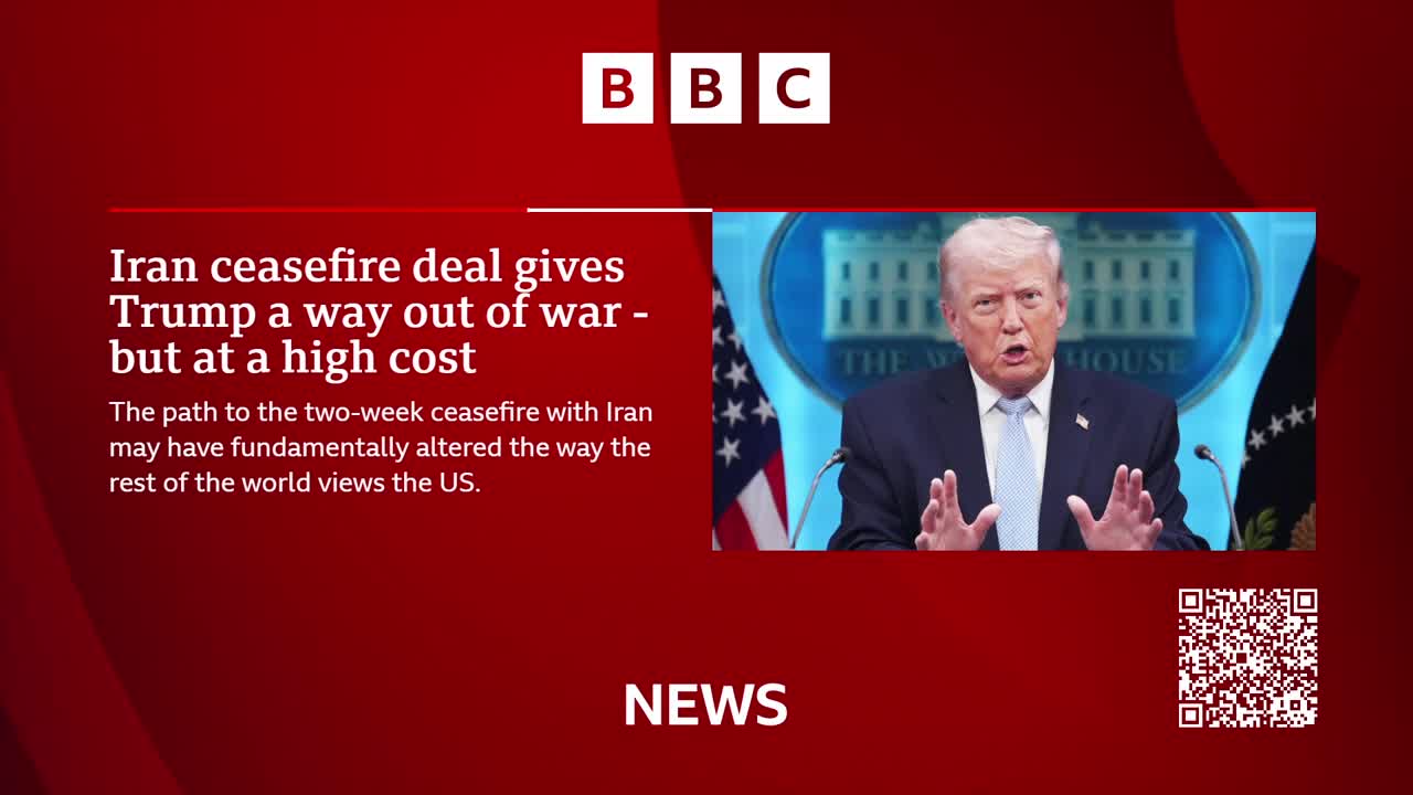 Donald Trump speaks with his hands raised, his expression intense, in front of the White House. The BBC News graphic beside him announces a ceasefire deal with Iran.