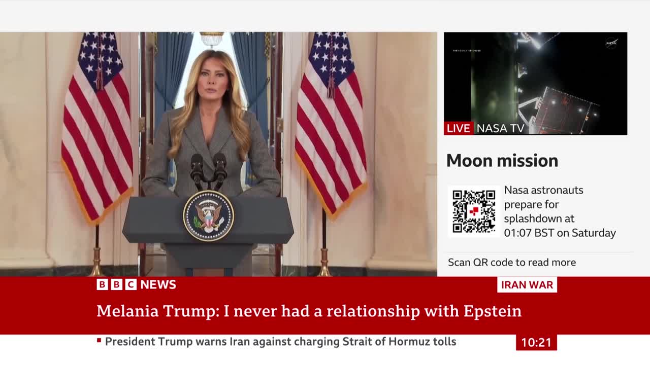 Melania Trump stands at a podium, speaking to the press. On the right, a BBC News graphic announces a moon mission, with NASA astronauts preparing for splashdown at 01:07 BST on Saturday.