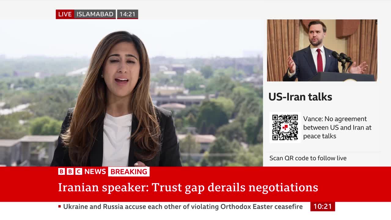 A BBC News reporter stands live in Islamabad, her words about Iranian negotiations filling the screen. To her right, a man in a suit speaks at a podium, his image accompanied by text about US-Iran talks.
