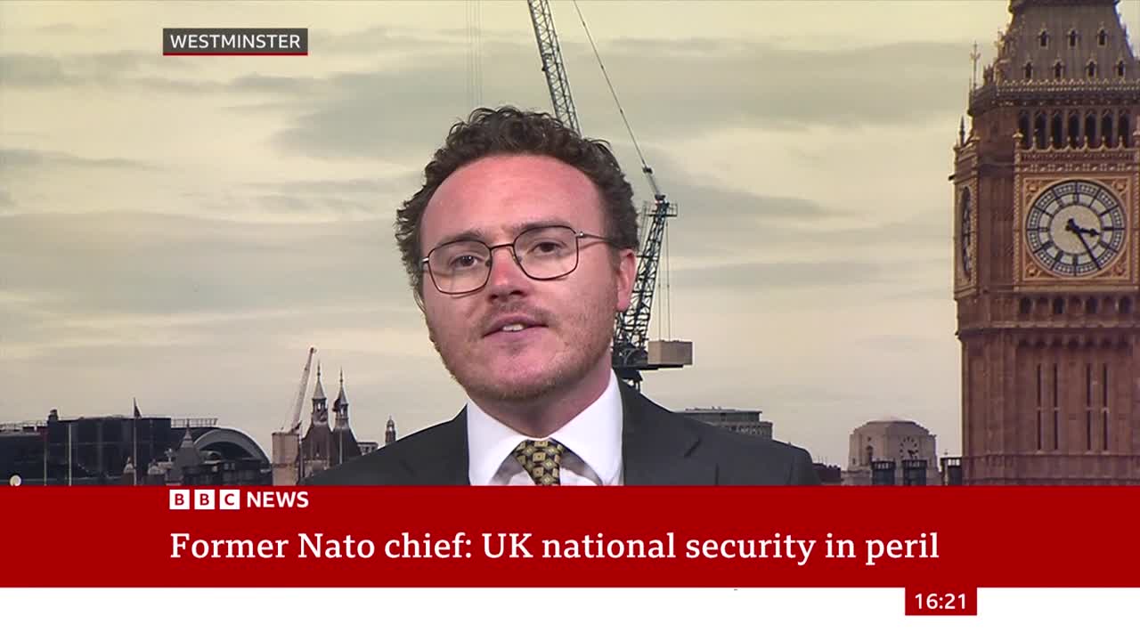 A man in a suit speaks directly to the camera, with the iconic clock tower of Big Ben visible behind him. The BBC News chyron below states, "Former Nato chief: UK national security in peril."