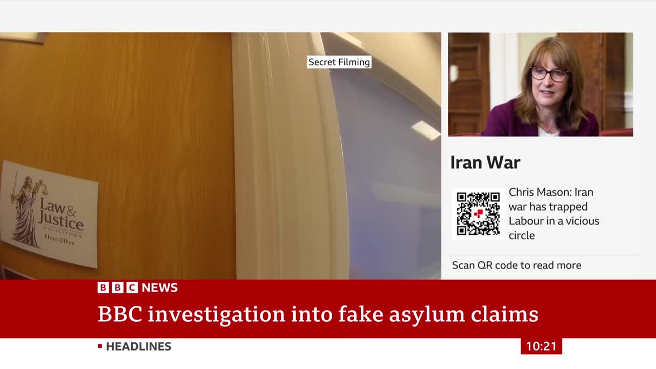 A BBC News report details an investigation into fake asylum claims, with a segment on the "Iran War" and a woman speaking. The screen displays the BBC News logo and the headline "BBC investigation into fake asylum claims."