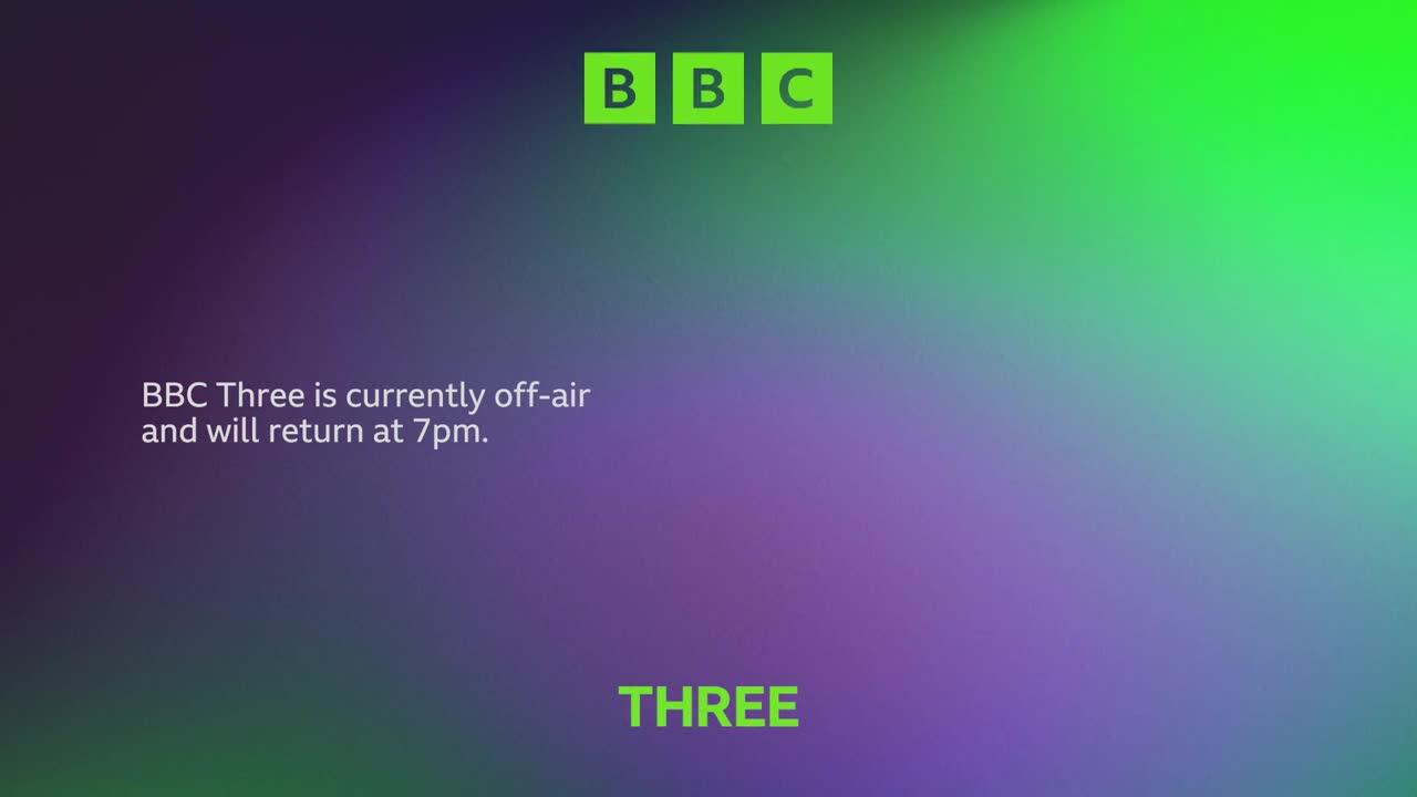 The BBC logo sits in the top corner, with a gradient of purple and green behind it. A message on the screen states that BBC Three is off-air and will be back at 7pm.
