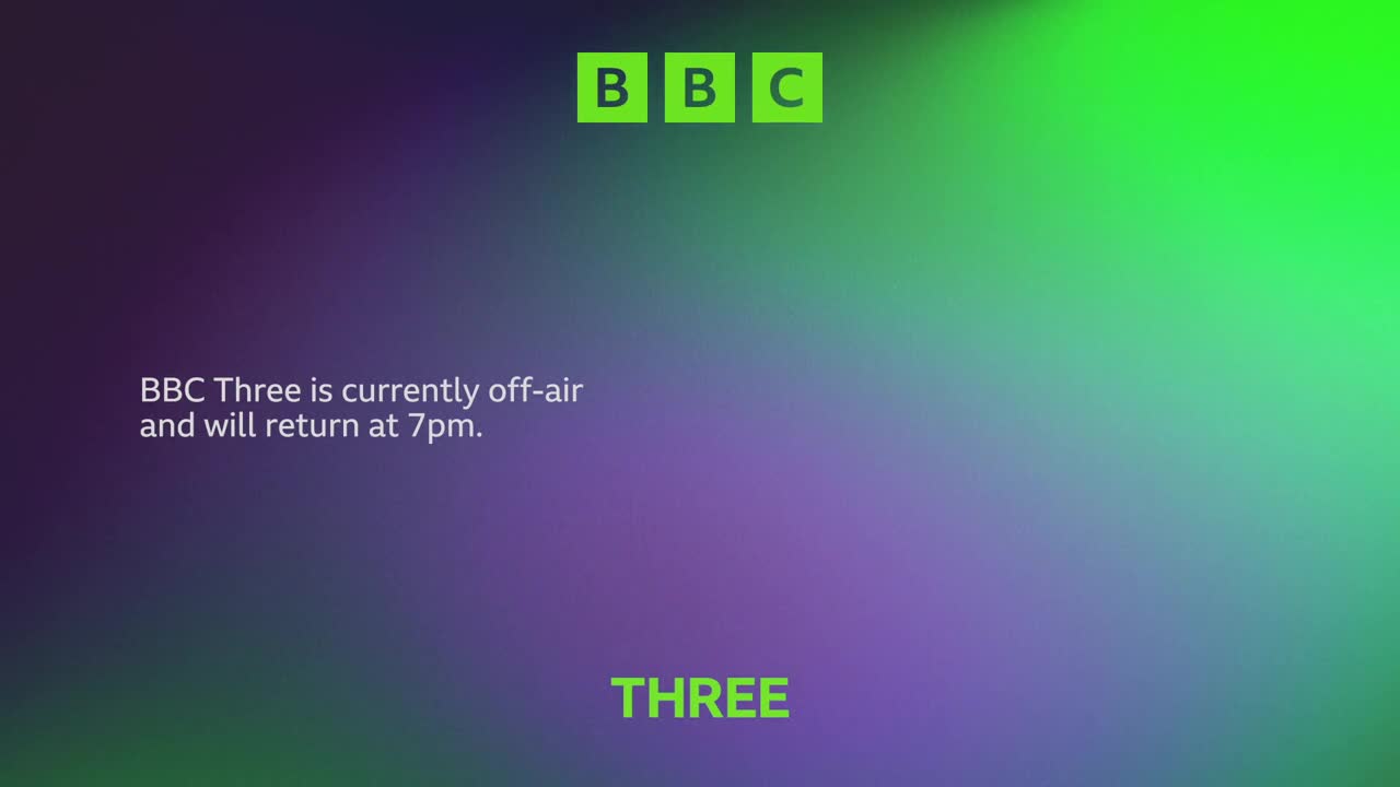 A gradient of green and purple fills the screen, with the BBC logo in the top corner. The text confirms BBC Three is off-air, promising a return at 7 pm.
