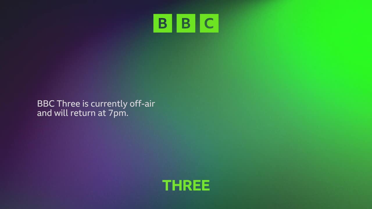The screen is a blend of green and purple hues, and the BBC logo sits at the top. A message states that BBC Three is off-air for now, but will be back later.
