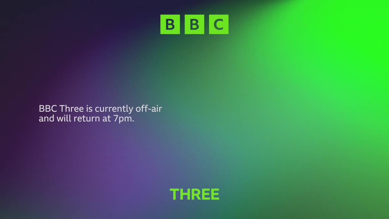 A gradient of purple and green fills the screen, with the BBC logo in the top corner. The words "BBC Three is currently off-air and will return at 7pm" are displayed in white text.
