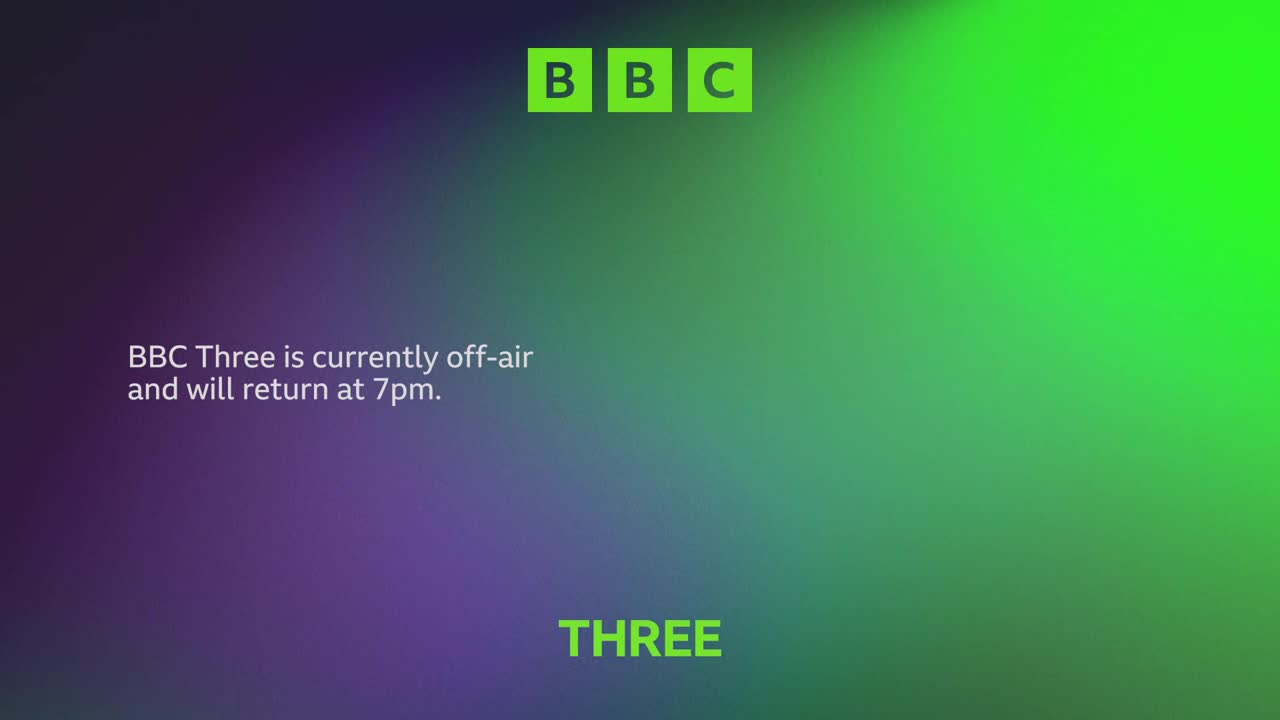 The screen is a gradient of purple and green. The BBC logo sits in the top corner, and a message confirms BBC Three is off-air until 7 pm.
